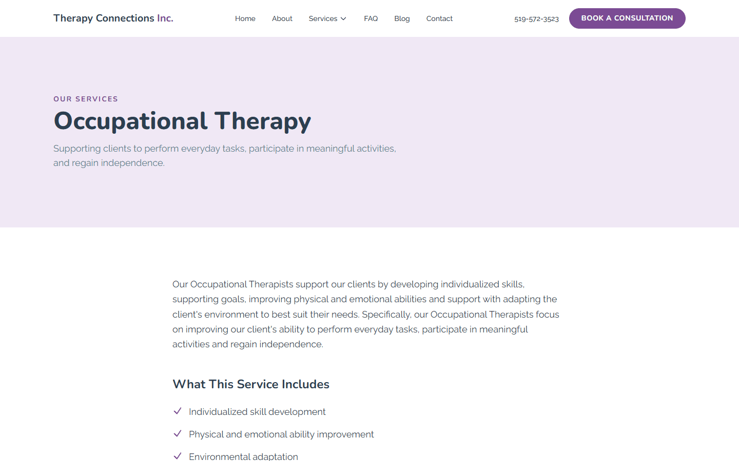 New Therapy Connections occupational therapy detail page