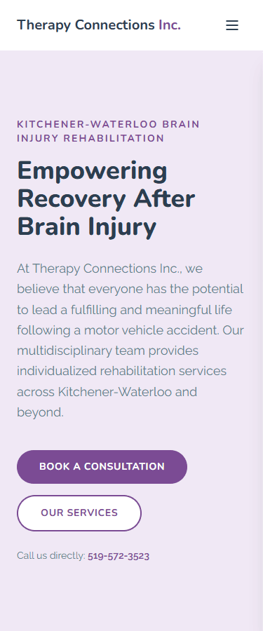 Therapy Connections new site, mobile view, clean hero with two CTAs