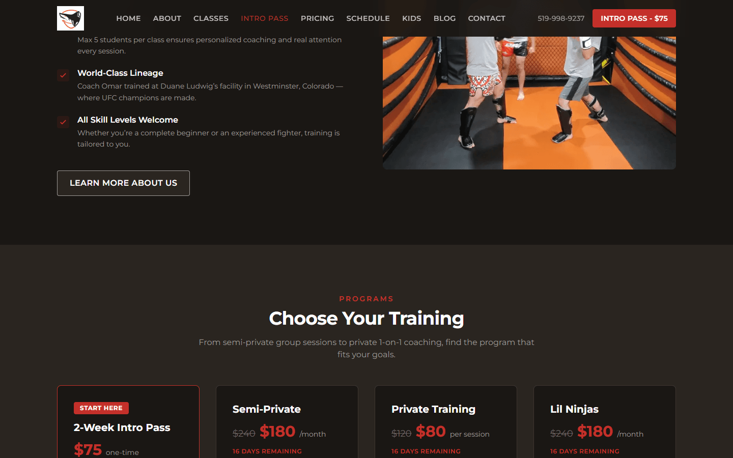Shark Tank Muay Thai homepage showing the 2-Week Intro Pass CTA and hero imagery