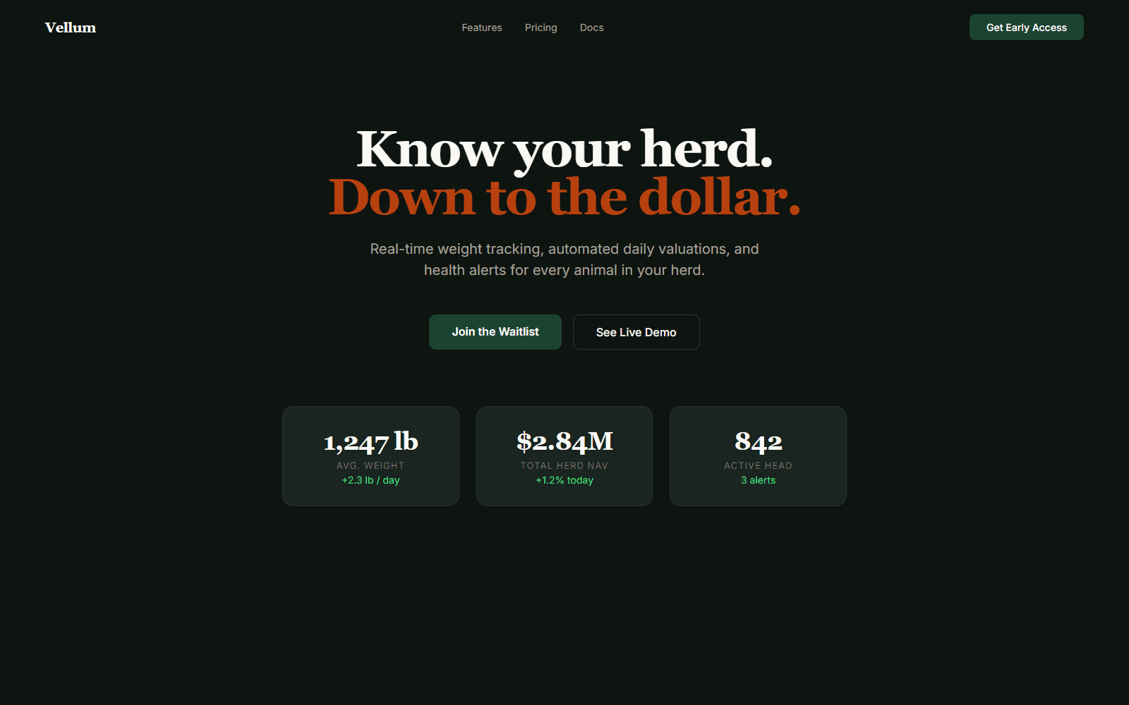 Vellum landing page with the tagline Know your herd, down to the dollar